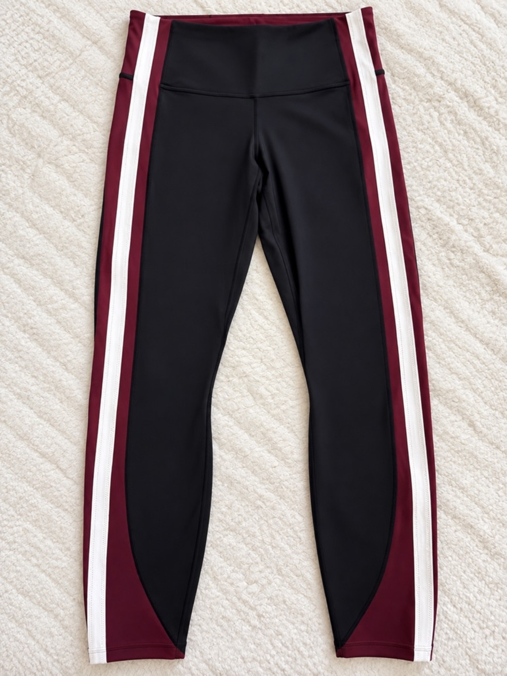 Athleta Black, Burgundy & White Contrast Side-Stripe Leggings